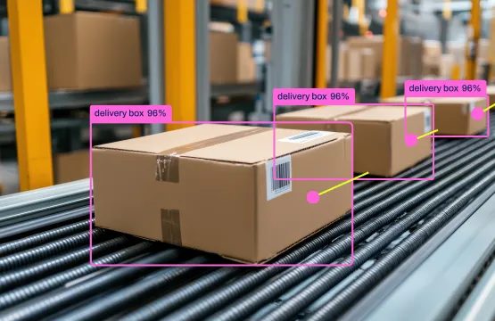 Illustration of parcels on a conveyor, each marked with a detection box