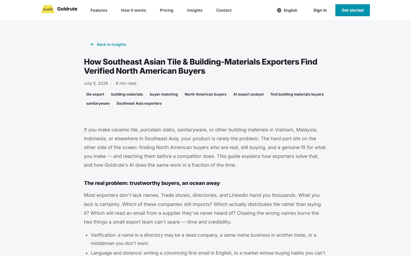 Goldrute Insights article on how tile exporters find verified North American buyers