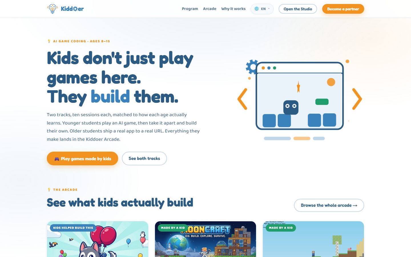 Kiddoer home page: kids don't just play games here, they build them