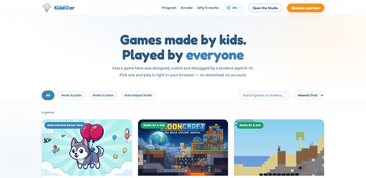 The Kiddoer Arcade listing games made by kids