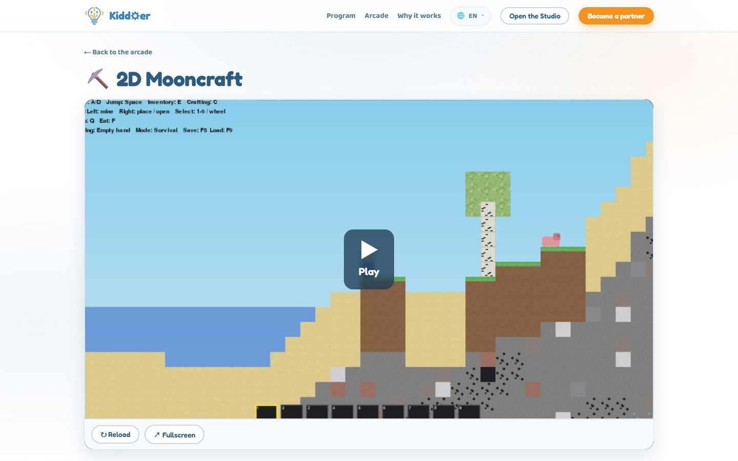 A student-made sandbox game playing inside the Kiddoer Arcade
