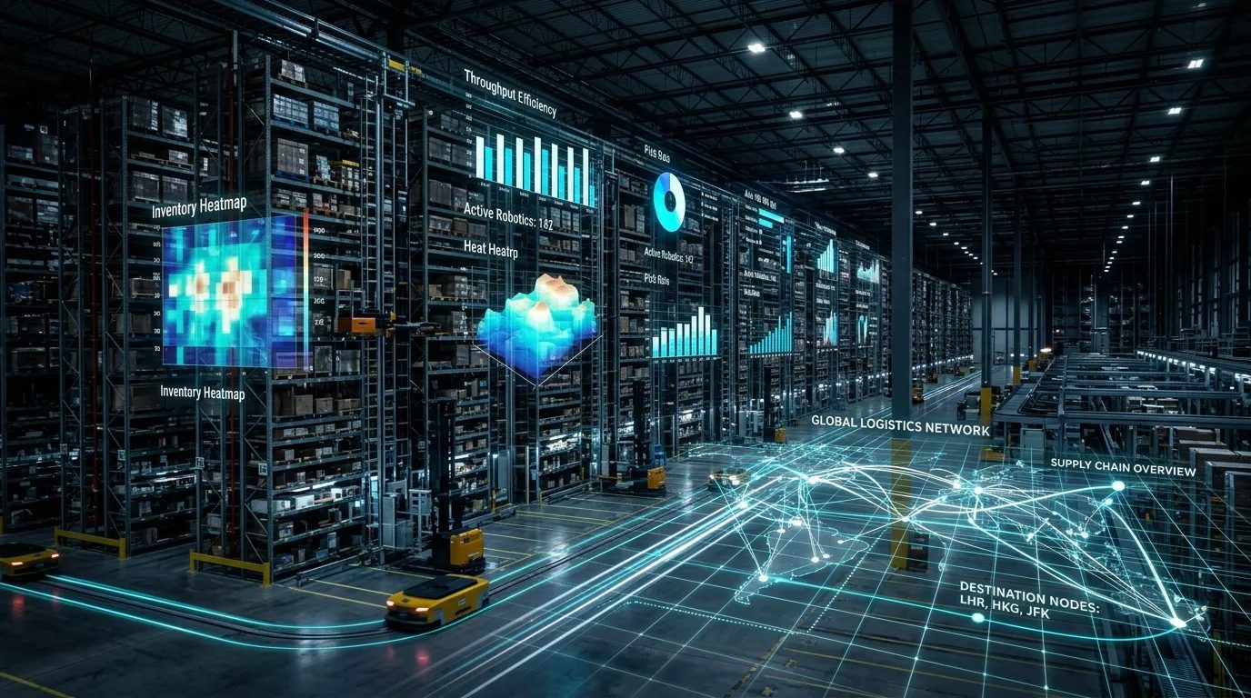 Illustration of a warehouse with data overlays showing throughput and inventory