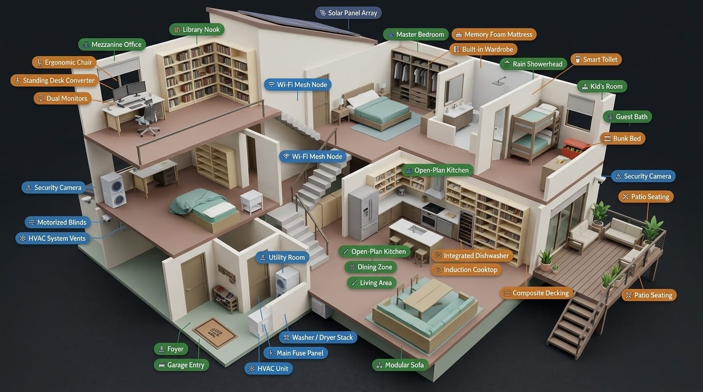 Illustration of a cut-away house with every room and object tagged